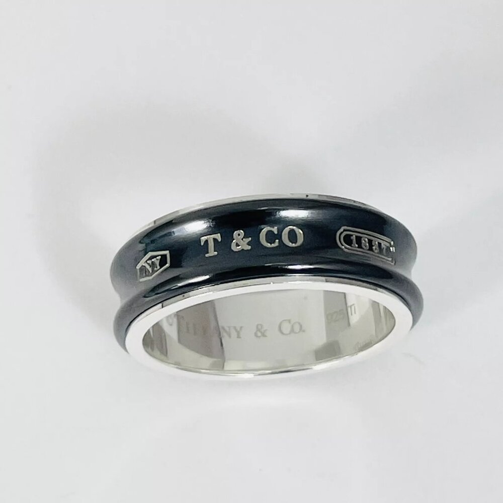 NEW Tiffany & Co 1837 Black Enamel & Sterling Silver 1837 Ring Size 6.75